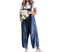 Mono de talla grande para mujeres con curvas, holgado, con tirantes ajustables, de mezclilla, pechera, desgastado, pierna ancha y holgado.