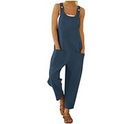 Mono de tela para mujer, de verano, suelto, de un solo color, ligero, aireado, pantalones largos de lino, oversize, amplio, sin mangas, turquesa, M