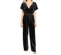 Mono de Terciopelo de Pierna Ancha de Manga Corta para Mujer Elegante Cuello en V Cintura elástica Monos Formales Trajes de Vacaciones de Invierno (Negro,L)