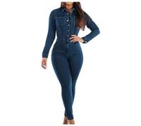 Mono de Vaquero Peto Mujer Jumpsuit Camiseta Manga Larga Camisa Botones Moda Slim fit Sexy Petos Rompers Pantalones Largo Bolsillos Elegante Fiesta Verano Primavera Elástico Peto