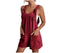 Mono de verano corto para mujer: mono de muselina con tirantes ajustables Peto con cuello en U Pelele de pierna ancha Playsuits Body ligero clásico para vacaciones en el salón Compras, rojo, M