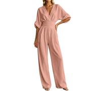 Mono de verano elegante con mangas para mujer, traje de pantalón largo, para invitados de boda, pierna ancha, cuello en V, para mujer, media manga con bolsillo, pelele de verano, O rojo., S