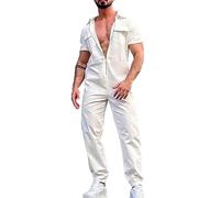 Mono de verano para hombre, mono de ocio, mono suelto con botones, pelele cómodo de verano, ajuste regular, de manga corta, pelele transpirable, ligero, Blanco, L