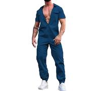 Mono de verano para hombre, mono de ocio, mono suelto con botones, pelele cómodo de verano, ajuste regular, de manga corta, pelele transpirable, ligero, marine, M
