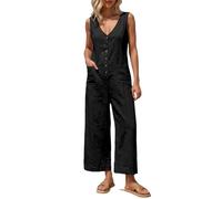 Mono de verano para mujer, con botones, cuello en V, sin mangas, elegante, pierna ancha, mameluco largo con bolsillos, para fiestas, uso diario y bodas, Negro , L