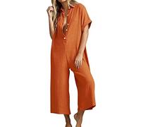 Mono de verano para mujer, de algodón y lino, color liso, cuello en V, manga corta, con botones, pierna ancha, pantalones de verano hawaianos, elásticos, pantalones de gran tamaño, Caqui., XXL