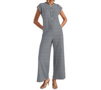 Mono de verano para mujer, de manga corta, a rayas, de pierna ancha, elegante, con botones, cómodo, moderno, de verano, una pieza, festivo, tallas grandes, traje de boda, O azul., M