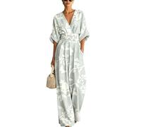 Mono de verano para mujer, elegante, bohemio, estampado 3D, para invitadas de boda, de pierna ancha, mono festivo de cintura larga, traje de pantalón, cuello en V, traje de media manga, Q azul claro