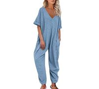 Mono de verano para mujer, tallas grandes, mono con cuello en V, holgado, cómodo, mono de verano, elegante, informal, ligero, de media manga, traje de una pieza, azul, XL