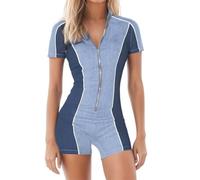 Mono de verano para mujer, vaquero con cremallera, ajustado, pantalones cortos, cómodo, bloque de color, de una pieza, corte ajustado, traje de pantalón Playsuit Y2K Streetwear, azul, XL