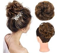 Moño desordenado, 100 % humano real, extensiones de moño despeinado, rizado, natural, con banda elástica, extensiones de cola de caballo para mujer (marrón medio con rubio dorado)