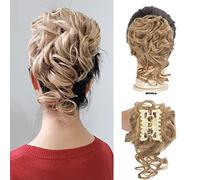 Moño desordenado con clip, ondulado, rizado, moño, coleta sintética para mujeres y niñas, color marrón y negro