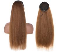 Moño Despeinado para Mujer Envoltura sintética afro recta larga de 24 pulgadas alrededor del cabello cola caballo natural rizado recto con cordón Moño Postizo(Drawstring-30)
