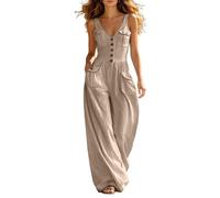 Mono elegante de verano para mujer, con botones y cuello en V, sin mangas, con bolsillos, para bodas, fiestas y uso diario, caqui, XXL