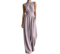 Mono elegante para mujer, elegante, para bodas, verano, rojo, azul, beige, morado, negro, rosa, sin mangas, cuello halter largo, con hombros descubiertos, plisado, para vacaciones, playa, talla S, M