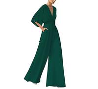 Mono elegante para mujer - Mono de manga corta con cuello en V, con cinturón, pierna ancha, pelele de gran tamaño, transpirable, bodycon con bolsillos grandes, verde, XXL