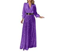 Mono Esqui Mujer - Elegante Mono Con Cuello En V Mangas Largas Cuello Camisero Cintura Cruzada Pantalón Acampanado De Pierna Ancha Y Lentejuelas Brillantes Ideal Para Fiestas De Noche O Un Look Casual