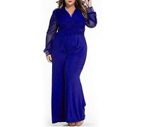 Mono festivo para mujer de gran tamaño traje de pantalón para mujer, de negocios, tallas grandes, mono sexy de manga larga con cuello en V, elegante mono largo de malla para fiestas de boda, azul, L