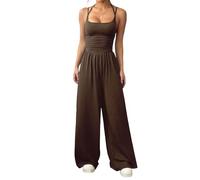 Mono fluido para mujer, conjunto de una pieza con tirantes finos, pantalón ancho holgado, mono informal de corte suelto, color café, talla pequeña.