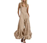 Mono genérico mono casual liso sin mangas, espalda desnuda, cuello cuadrado, piernas anchas, bolsillos y volantes, beige, XXL