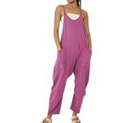 Mono grande para mujer, de verano, largo, monocolor, pantalón holgado, elegante, sexy, cuello de pico, con bolsillos grandes, sin mangas, ligero, Rosa caliente., XS