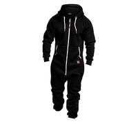 Mono Hombre Pijama Combinación con Capucha y Cremallera Estampado Camuflaje Mono de Manga Larga de Forro Polar Onesie de Una Pieza Invierno Cálido, Negro , XL