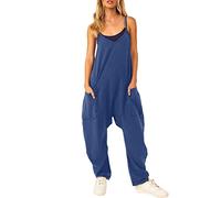 Mono informal para mujer con tirantes delgados, pierna ancha, cuello en V, tirantes delgados, sin mangas, mono largo para invitados de boda (azul, L)