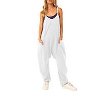Mono informal para mujer con tirantes delgados, pierna ancha, cuello en V, tirantes delgados, sin mangas, mono largo para invitados de boda (blanco, L)