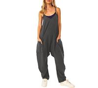Mono informal para mujer con tirantes delgados, pierna ancha, cuello en V, tirantes delgados, sin mangas, mono largo para invitados de boda (gris oscuro, L)