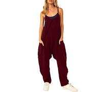 Mono informal para mujer con tirantes delgados, pierna ancha, cuello en V, tirantes delgados, sin mangas, mono largo para invitados de boda (Vino, L)