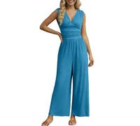 Mono largo para mujer, festivo, para boda, elegante, de verano, con cuello en V, pierna ancha, con bolsillos, pantalones harén de una pieza, pantalones casuales de motorista, azul celeste, XXL
