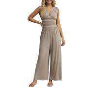 Mono largo para mujer, festivo, para boda, elegante, de verano, con cuello en V, pierna ancha, con bolsillos, pantalones harén de una pieza, pantalones casuales de motorista, caqui, L