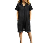 Mono ligero para mujer con cuello de pico, manga corta, cintura elástica, pierna ancha, corte informal para un look informal veraniego, ideal para oficina, vacaciones, parte frontal con botones en