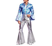 Mono metálico para hombre, de piel lacada, con flecos, hueco de un solo hombro, traje de cuerpo completo con pantalones de campana, traje para pantalones, traje de discoteca, hippie, mono sorprendente