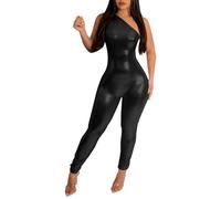 Mono metálico para mujer, overol brillante para mujer, overol ajustado a la moda, con un hombro, casual, sin mangas, ajustado, elástico, traje clásico de una pieza, ropa de carnaval, Negro, L