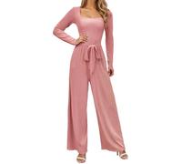 Mono Mujer Chic Cuello Cuadrado Manga Larga Mono Pantalones Largos con Cinturón en la Talla, Monos y Combishorts Suave Liso | Para Diario, Casual, Cita, Oficina, Deporte, 01-rosa, S