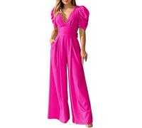 Mono Mujer de Manga Corta con Escote en V Traje de Pantalón Elegante de Un Solo Color Pierna Ancha Playsuit Mono para Fiestas Largo Formal para Bodas Pantalón Verano para Viajes Vacaciones Oficina