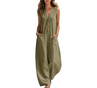 Mono Mujer Elegante de Verano Conjunto de Pantalón Ancha de Algodón y Lino Escote en V Sin Mangas Playsuit Lino Largo con Bolsillos Enterizo para Ocasiones Festivas Bodas y Uso Diario