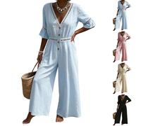 Mono Mujer Elegante Media Manga Cuello en V Color Liso - Moda Mujer 2026 Mono Classic Calle Vintage, Monos Anchos Elástico para Viaje Vacaciones Descanso Azul XL