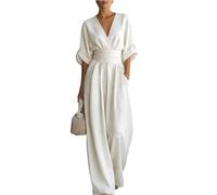 Mono Mujer Elegante Media Manga Cuello en V - Ropa Mujer Mono Moda Casual Elegante, Monos Cintura Entallada con Bolsillo Anchos Elástico para Fiesta Bodas Trabajo Oficina Blanco S