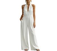 Mono Mujer Elegante,Monos de Vestir Mujer con Cuello Halter Sexy Monos Sin Mangas Cuello en V Mameluco Espalda Descubierta Enterizo de Pierna Ancha Moda Jumpsuit para Fiesta Bodas Playa