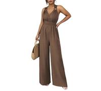 Mono Mujer Elegante Sin Mangas Cuello en V Color Liso - Moda Mujer 2026 Mono Vintage Elegante Anchos, Monos Cintura Entallada Chic Moda para Viaje Vacaciones Descanso Cafe L