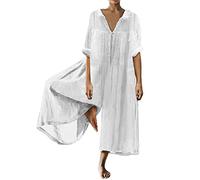 Mono Mujer Elegante, Verano Lino Casual Traje de Mujer Cuello en V Ligero Mono Holgado Casual Overoles Pierna Ancha Pelele Casual Bagy Romper, X02-blanco, XXL