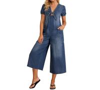 Mono Mujer Estilo Vaquero Manga Corta Cuello en V - Moda Mujer Mono Único Suave Elástico, Monos con Bolsillo Exquisito Calle Ocasiones Informales Y Profesionales Azul S