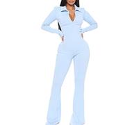 Mono Mujer, Monos Elegantes s oficina otoño, pantalones acampanados, cremallera, manga larga, cuello vuelto, s talla gran(Blue, XL)