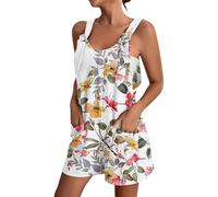 Mono Mujer Verano Ancho Corto Monos Y Combishorts Sin Mangas Pantalones Cortos Patrón De Flores Playsuit Gran Tamaño Transpirable Barato Streetwear Chic Mono Corto, blanco, L