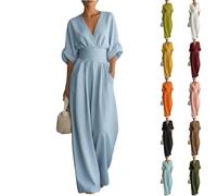 Mono Mujer Verano Media Manga Cuello en V - Moda Mujer 2026 Mono Elástico Basicas Cómodos, Monos con Bolsillo Anchos Chic para Viaje Vacaciones Descanso Azul Cielo M