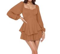 Mono Mujer Verano Mono de Mujer Elegante con Detalles de Volantes Mangas Largas y Cuello Cuadrado para un Estilo con Temperamento (Brown, XXXL)