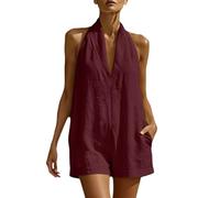 Mono Mujer Verano Mono Mujer Chic Sin Mangas Cuello en V Corto Mono Casual Color Sólido Sexy Y2K Combishorts Elegante Corte Holgado Playa Body Ligero Cómodo Vacaciones Y Diario, rojo, S