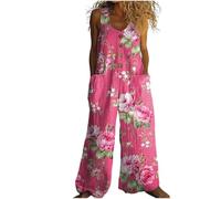 Mono Mujer Verano Peto de Lino y Algodón Monos Boho Hippie de Pierna Ancha Overol Vintage con Estampado y Bolsillos Jumpsuit Elegante Casual para Playa y Diario Elegante Casual Ropa (07,XXL)
